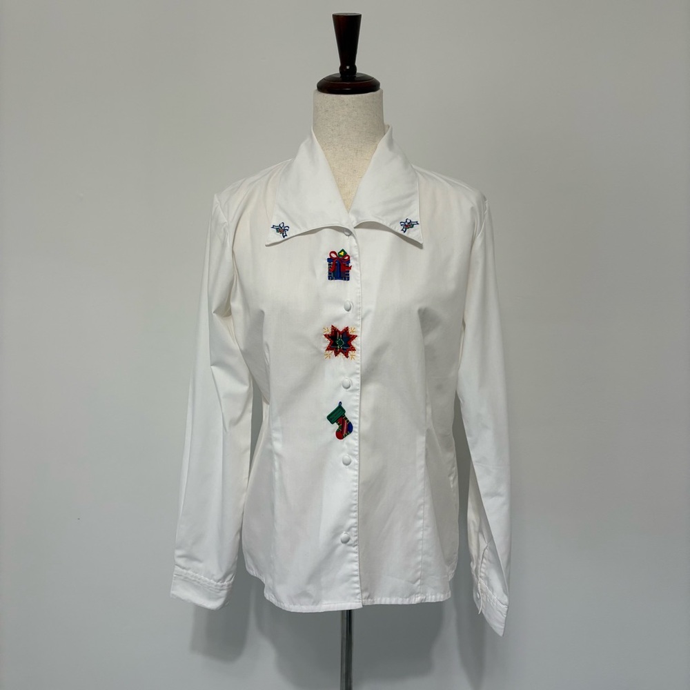 Vintage Baxter & Wells Embroidered Holiday Long Sleeve Button Up Blouse Sz 10